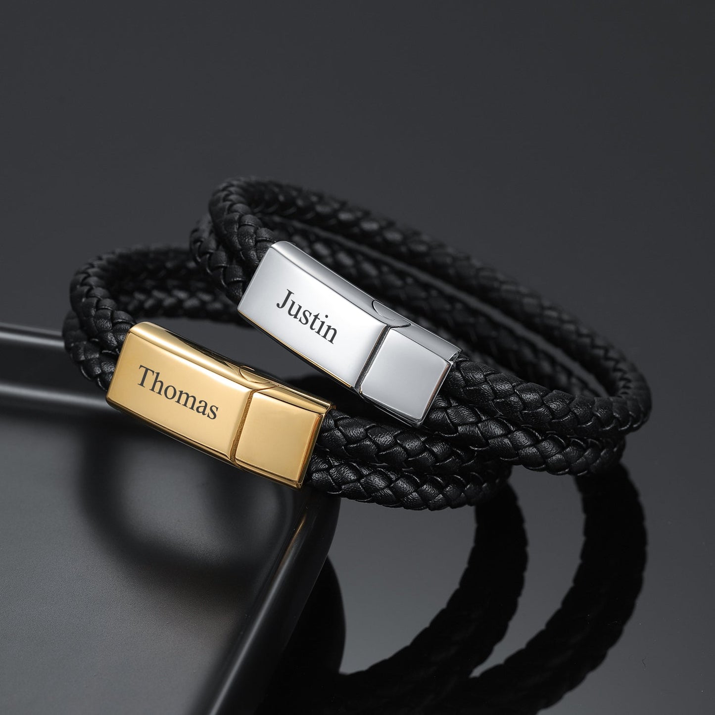 Max Engraved Leather Bracelet
