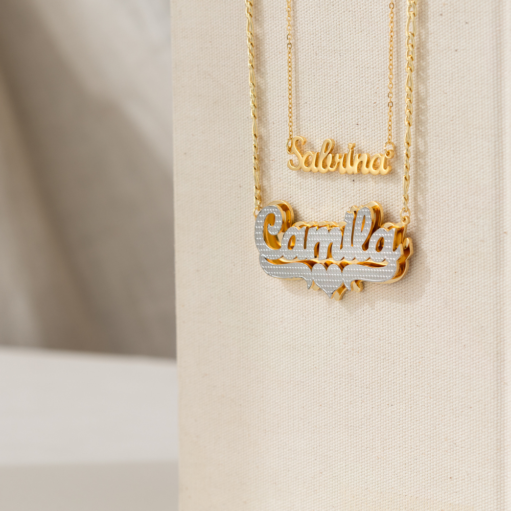 Double Plated Pop Out Heart Name Necklace w/ Figaro Chain