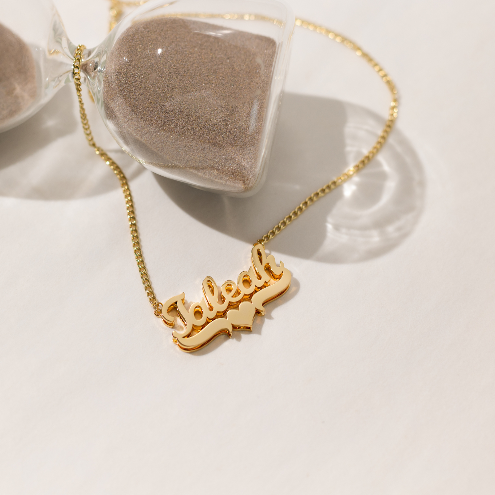 Double Plated Heart Name Necklace w/ Cuban Chain