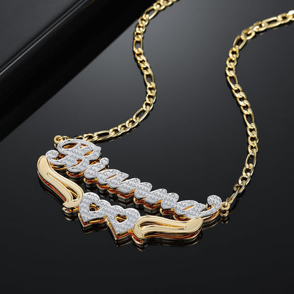 Fiona Double Plated Hearts Name Necklace w/ Figaro Chain
