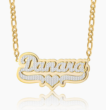 Double Plated Pop Out Heart Name Necklace w/ Figaro Chain