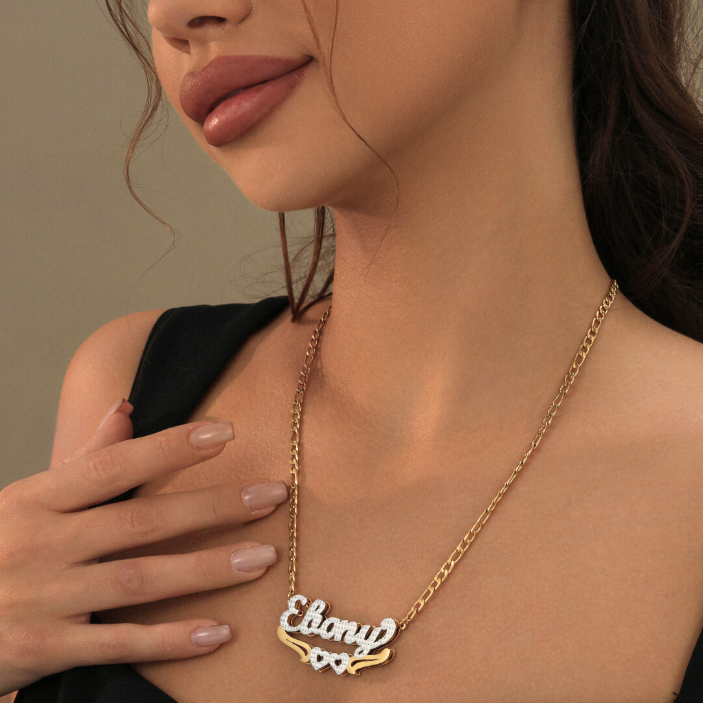 Fiona Double Plated Hearts Name Necklace w/ Figaro Chain