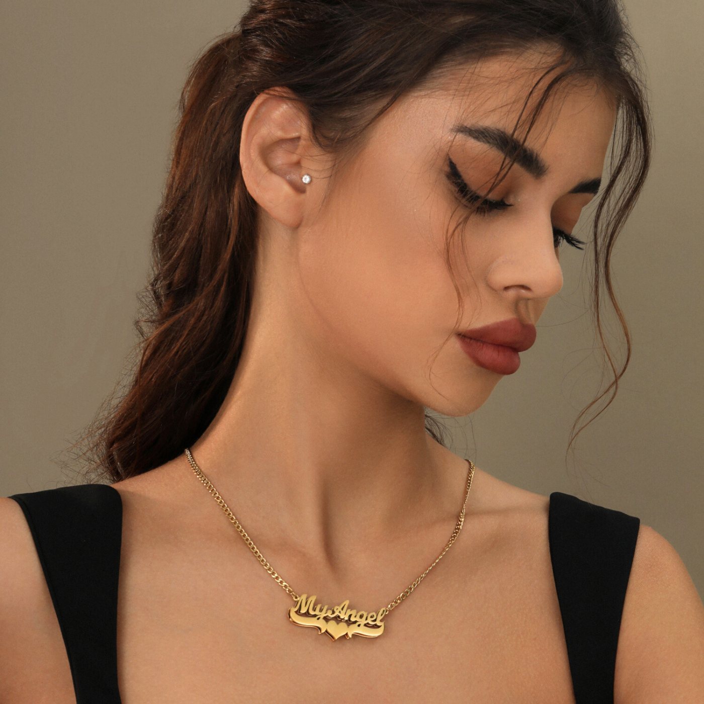 Double Plated Heart Name Necklace w/ Cuban Chain