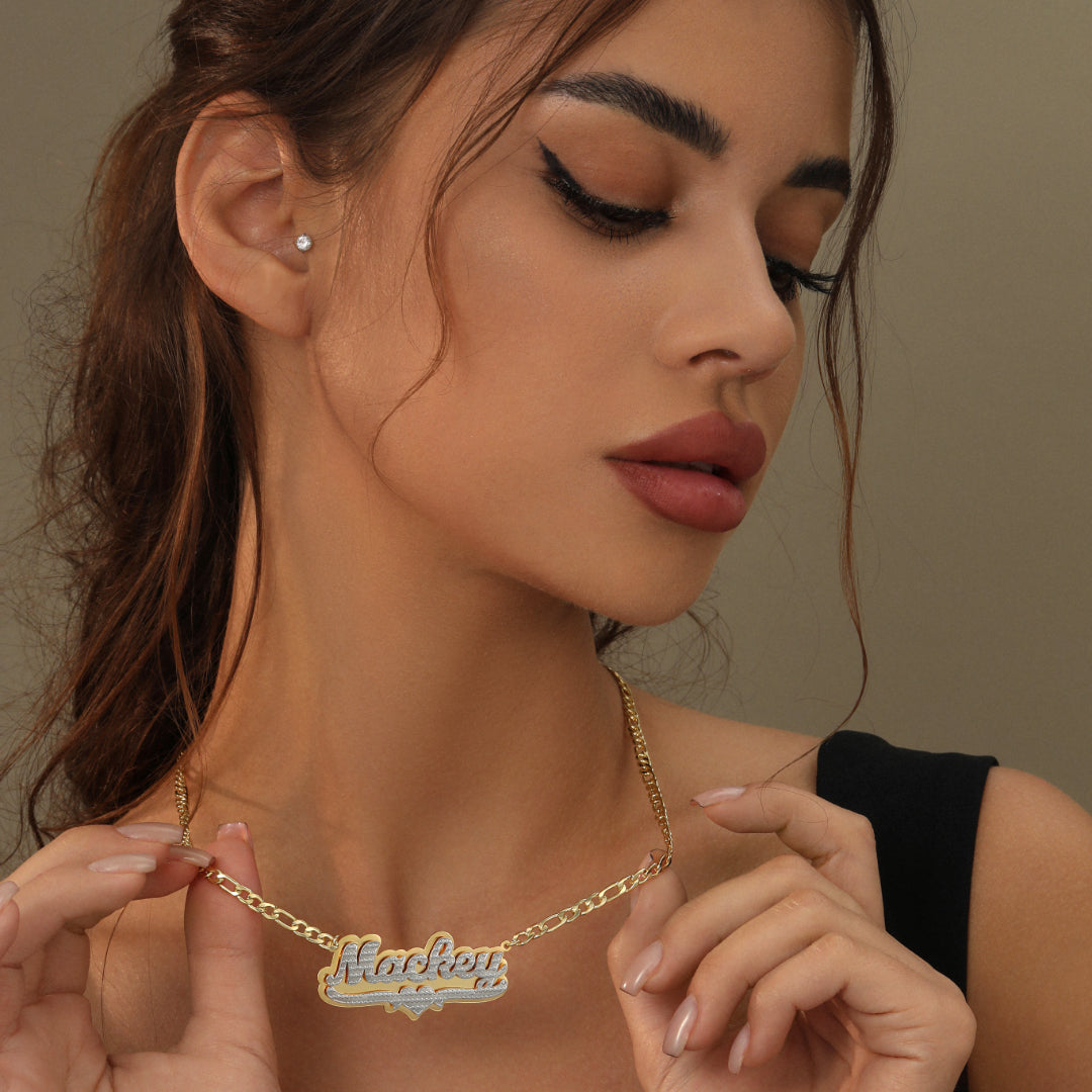 Double Plated Pop Out Heart Name Necklace w/ Figaro Chain