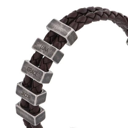 Hunter Brown Braided T-Bar Leather Bracelet with Stainless Steel Engravable Beads for Men