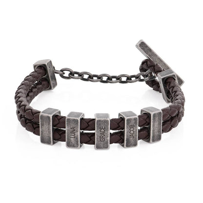 Hunter Brown Braided T-Bar Leather Bracelet with Stainless Steel Engravable Beads for Men