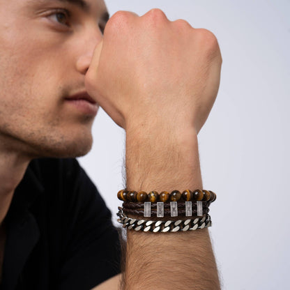 Hunter Brown Braided T-Bar Leather Bracelet with Stainless Steel Engravable Beads for Men