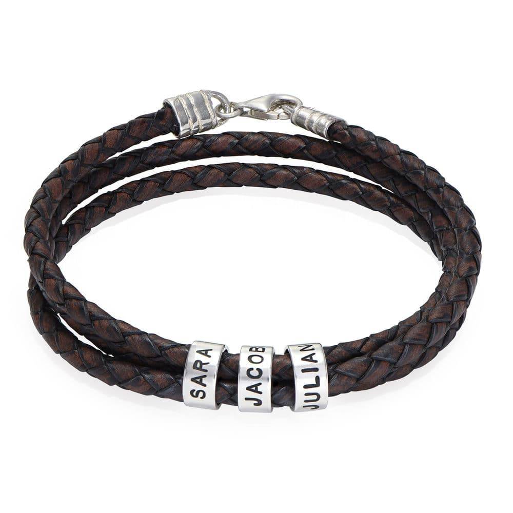 Navigator Brown Braided Leather Bracelet for Men with Custom Beads in Sterling Silver