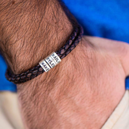 Navigator Brown Braided Leather Bracelet for Men with Custom Beads in Sterling Silver