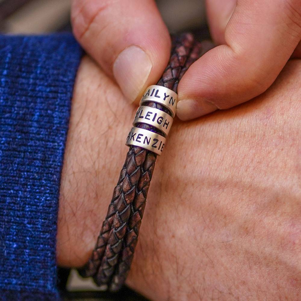 Navigator Brown Braided Leather Bracelet for Men with Custom Beads in Sterling Silver