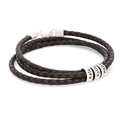 Navigator Brown Braided Leather Bracelet for Men with Custom Beads in Sterling Silver